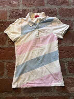 Girls' Puma Golf Siize Small Pastel Stripe Polo Shirt  White, Pink & Light Blue